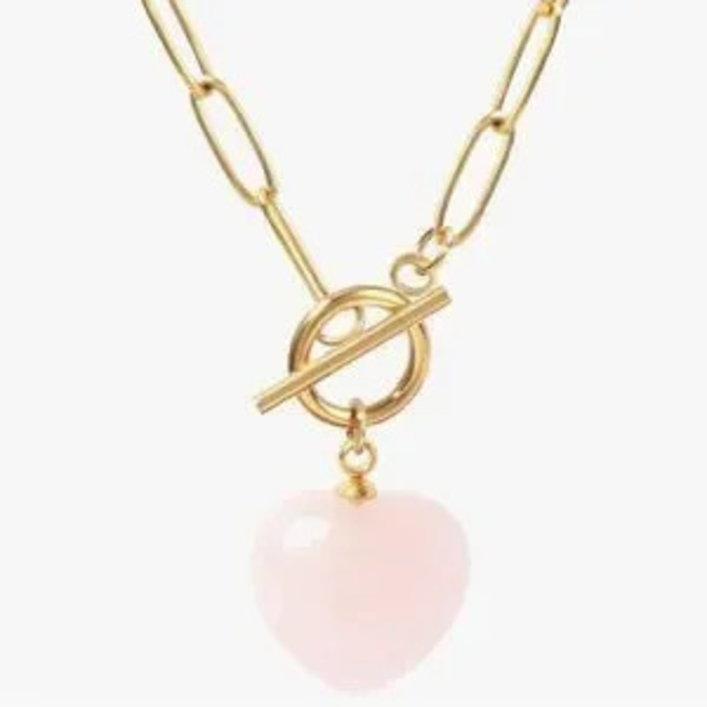 NEW?Gold Plated Heart Rose Quartz Gemstone Paper Clip Chain Necklace